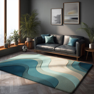 Translation missing: es.Modern teal wavy area rug with sculpted tuft design and abstract coastal curves in blue cream tones