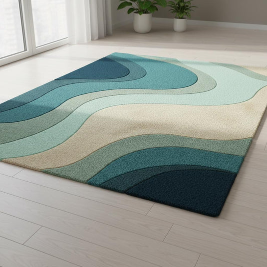 Translation missing: es.Teal Wavy Area Rug – Modern Coastal Sculpted Tuft Design Teppich