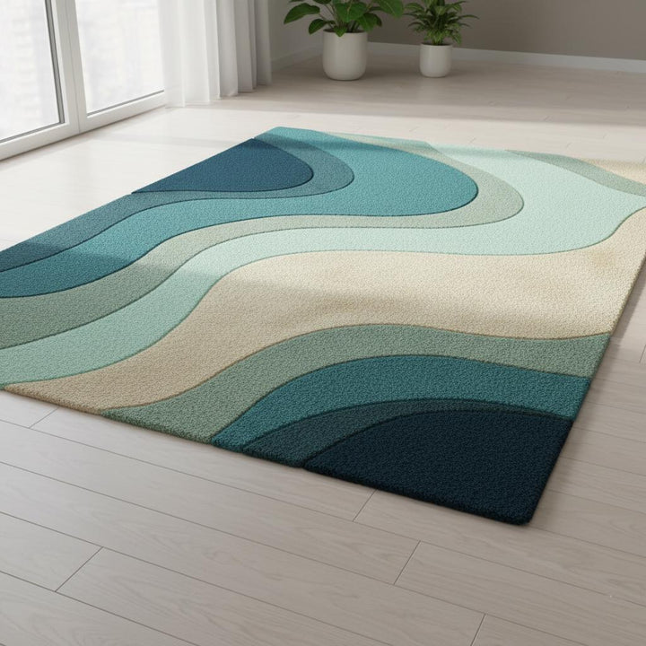 Translation missing: en.Teal Wavy Area Rug – Modern Coastal Sculpted Tuft Design Teppich