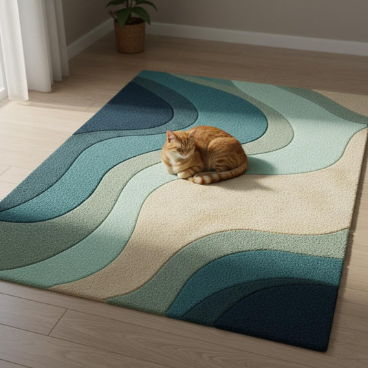 Translation missing: es.Teal Wavy Area Rug – Modern Coastal Sculpted Tuft Design Teppich