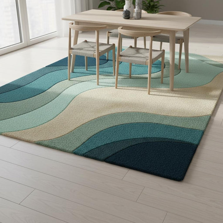 Translation missing: en.Teal Wavy Area Rug – Modern Coastal Sculpted Tuft Design Teppich