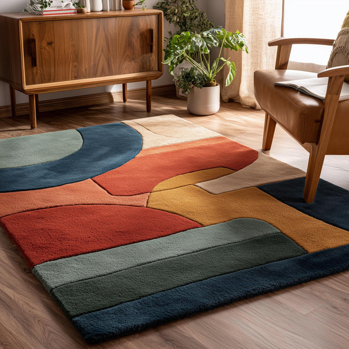 Translation missing: es.Hand tufted terracotta area rug with abstract geometric color block design in warm earth tones