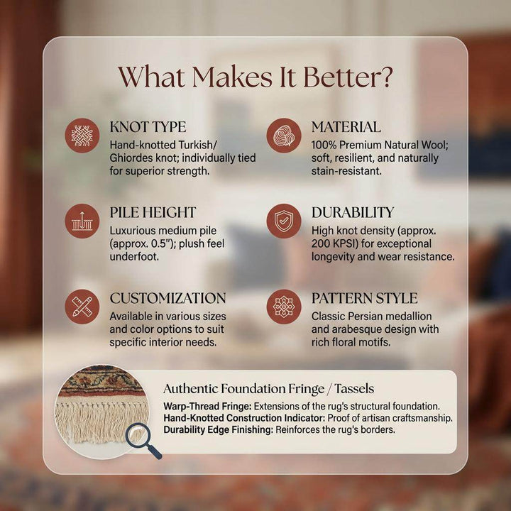 Translation missing: es.Terracotta Medallion Hand Knotted Wool Rug, Large Red Persian Style Floral Area Rug for Living Room, Traditional Handwoven Home Decor