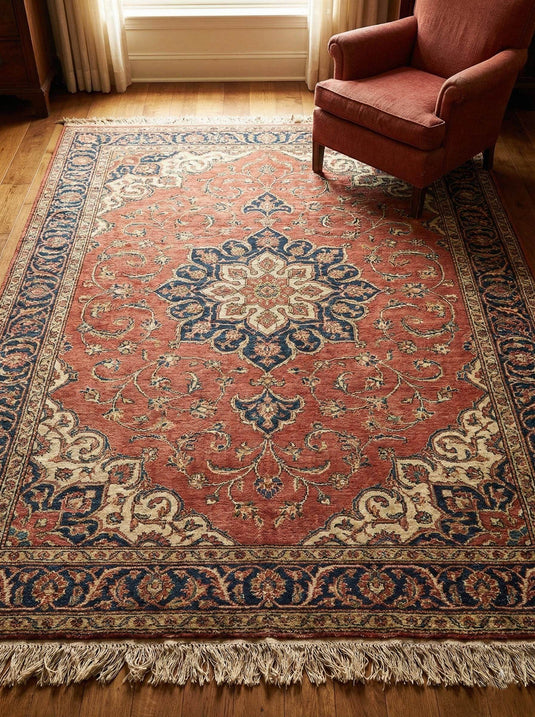 Translation missing: es.Large terracotta medallion hand knotted wool rug with traditional Persian floral design in red and navy blue for living room decor