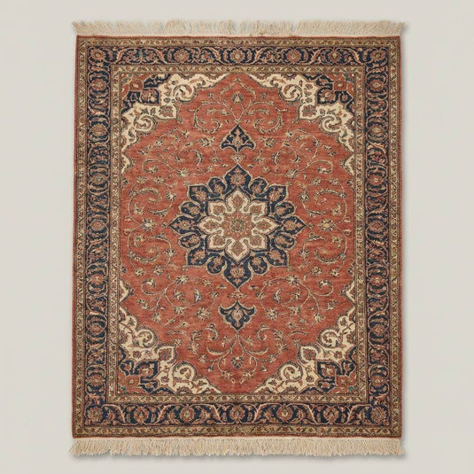 Translation missing: es.Detailed shot of the hand-tied cotton fringe and the intricate floral border of the red hand-knotted Persian style rug