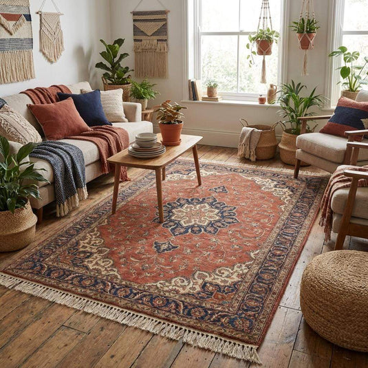 Translation missing: es.A terracotta floral area rug anchored under a traditional wooden coffee table, highlighting the rug's thickness and artisan quality