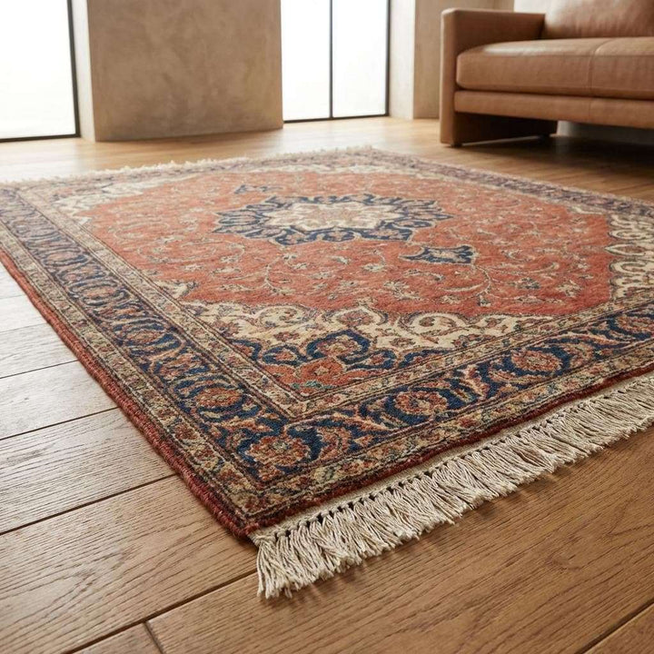 Translation missing: es.Terracotta Medallion Hand Knotted Wool Rug, Large Red Persian Style Floral Area Rug for Living Room, Traditional Handwoven Home Decor