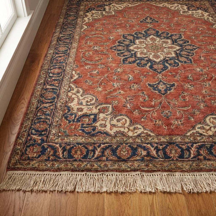 Translation missing: es.Terracotta Medallion Hand Knotted Wool Rug, Large Red Persian Style Floral Area Rug for Living Room, Traditional Handwoven Home Decor