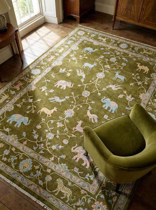 Translation missing: en.Tree of Life hand knotted wool area rug with animal motifs and rich green field