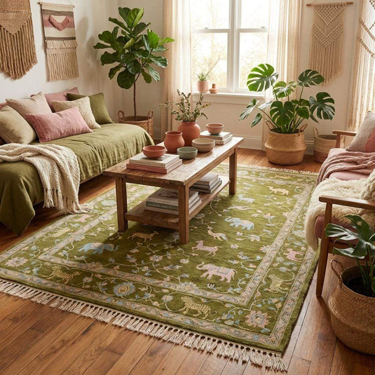 Translation missing: en.Artisan woven green wool rug featuring elephants, birds, and floral vine patterns