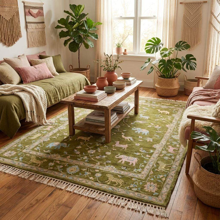 Translation missing: en.Artisan woven green wool rug featuring elephants, birds, and floral vine patterns