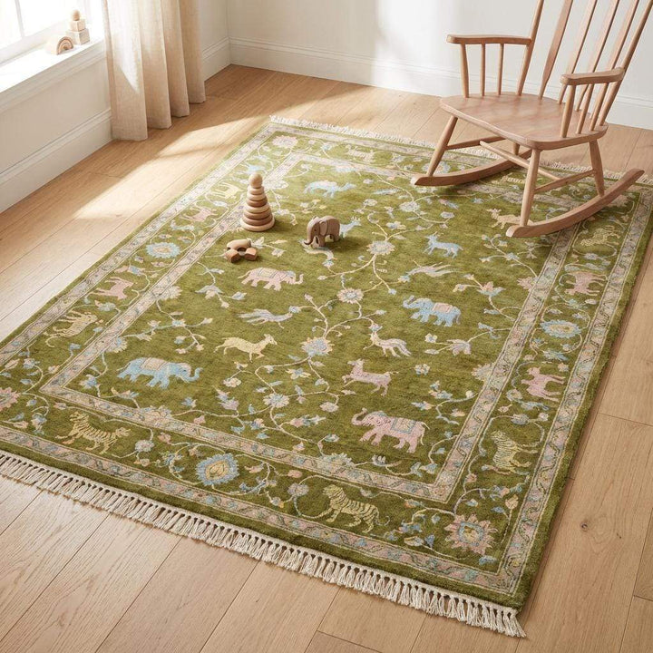 Translation missing: en.Traditional hand knotted pictorial rug styled in living room with wooden flooring