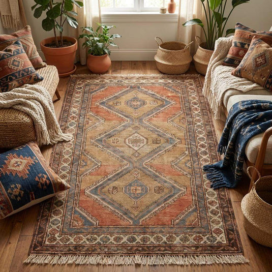 Translation missing: es.Persian style hand knotted wool rug with geometric medallion pattern