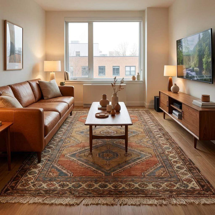 Translation missing: en.Earth tone wool hand knotted rug with natural fringe detail