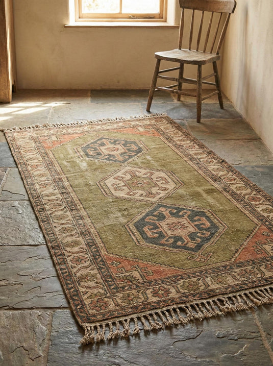 Translation missing: fr.Tribal hand knotted wool rug with geometric Oushak design in olive green and rust tones