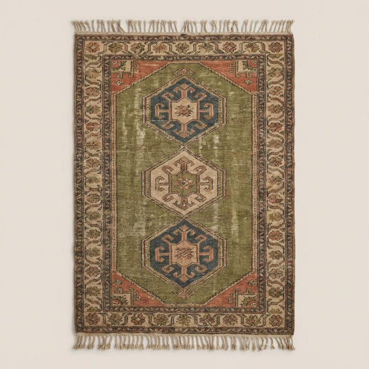Translation missing: fr.Geometric Oushak style wool rug with tribal medallions and earthy vintage color palette