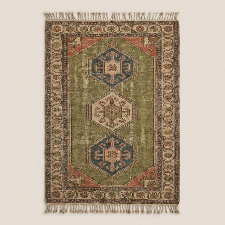 Translation missing: en.Geometric Oushak style wool rug with tribal medallions and earthy vintage color palette