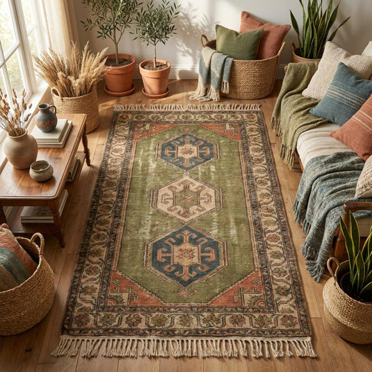 Translation missing: fr.Handmade wool area rug styled in rustic interior with stone floor and natural light