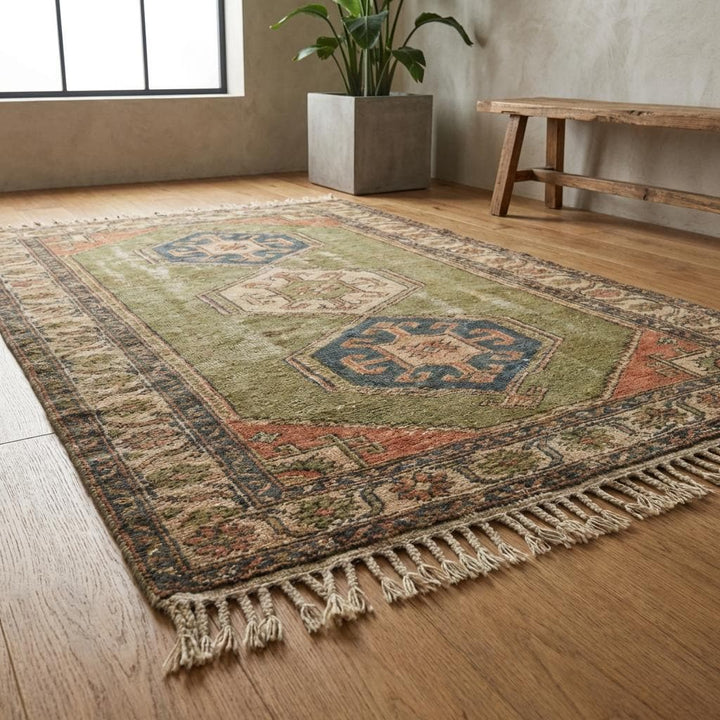 Translation missing: en.Traditional tribal hand knotted rug with beige border and muted terracotta accents