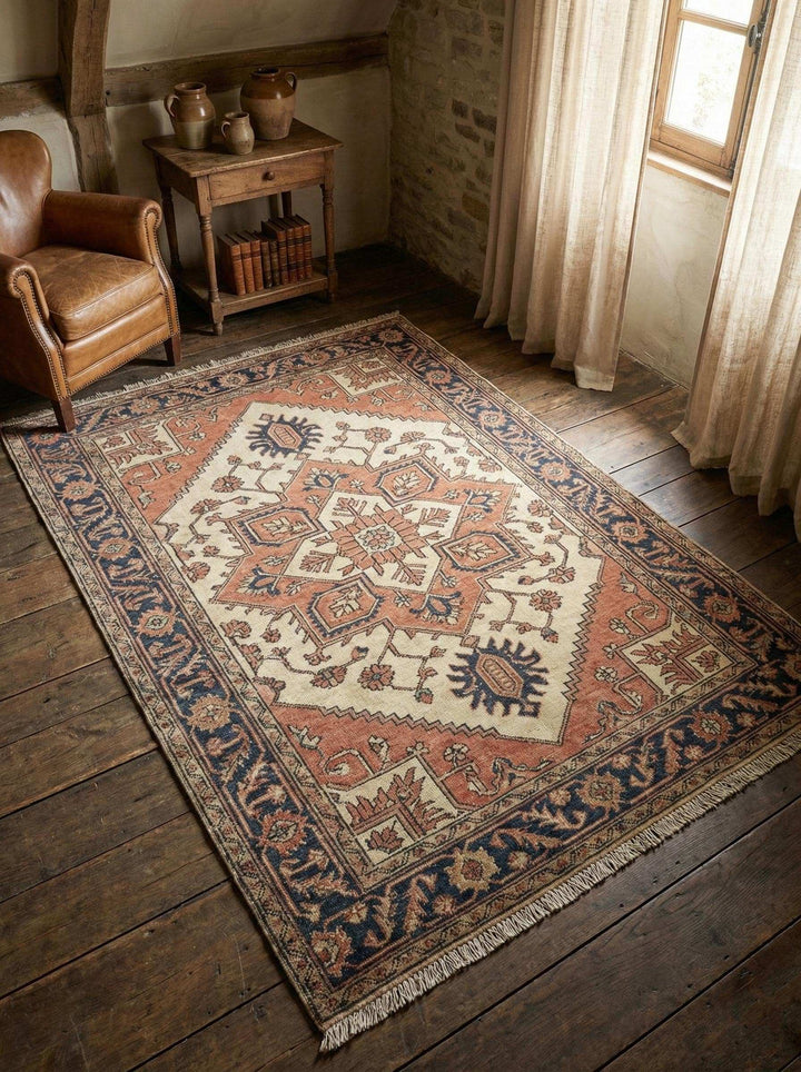 Translation missing: fr.Tribal Oushak hand knotted wool rug with geometric medallion design and fringe edges