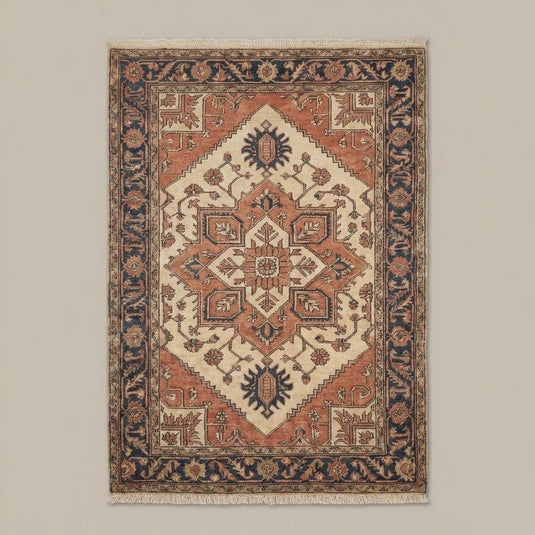 Translation missing: fr.Traditional Oushak style hand knotted rug placed on wooden floor in rustic living space