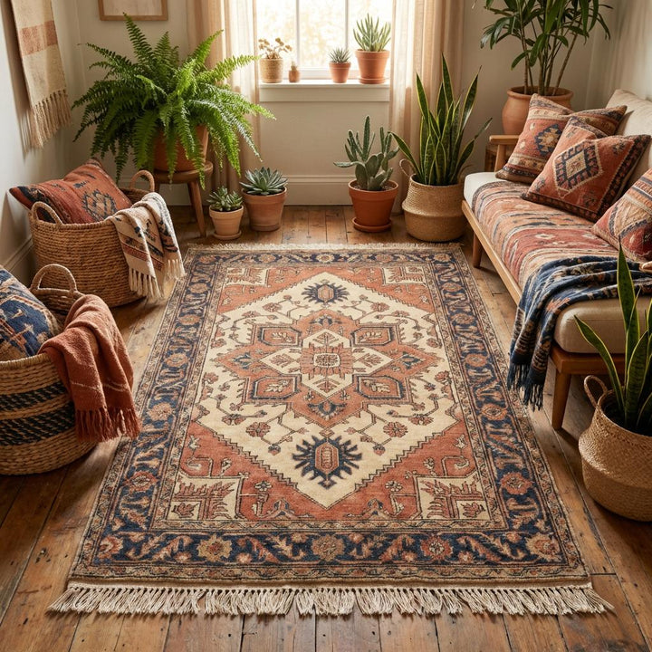 Translation missing: en.Geometric medallion hand knotted rug with vintage tribal pattern and hand-finished fringe