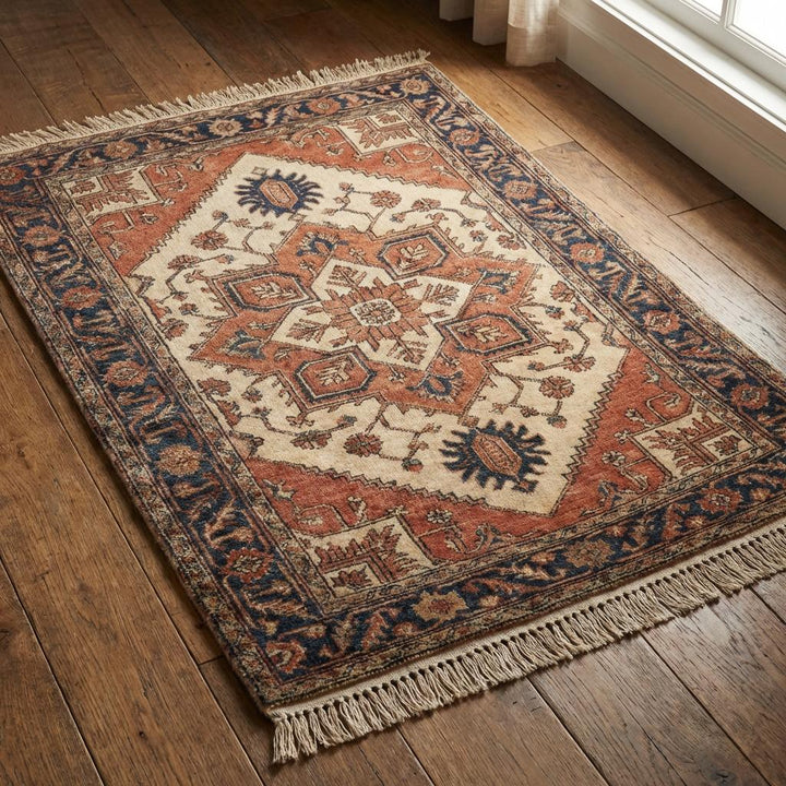 Translation missing: en.Handmade tribal wool rug styled in cozy interior with leather chair and neutral décor