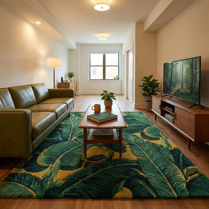 Translation missing: es.Tropical Leaf Area Rug, Green and Mustard Botanical Statement Carpet