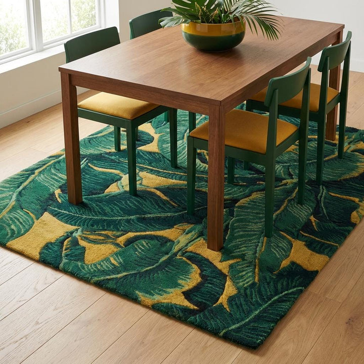 Translation missing: es.Tropical Leaf Area Rug, Green and Mustard Botanical Statement Carpet