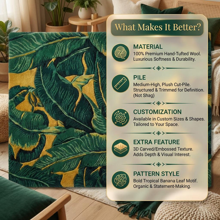 Translation missing: es.Tropical Leaf Area Rug, Green and Mustard Botanical Statement Carpet