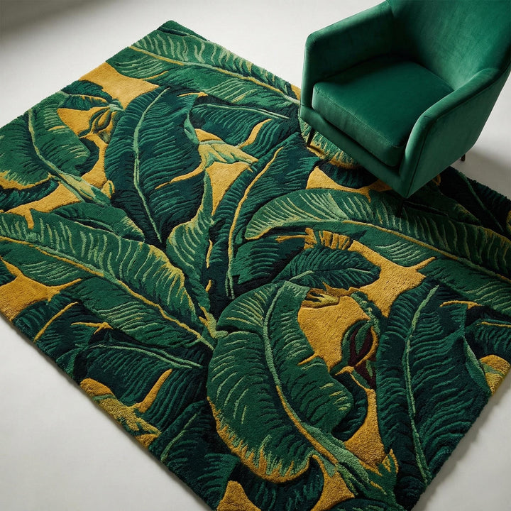 Translation missing: es.Tropical leaf area rug with green sculpted foliage on mustard background for bold botanical home decor