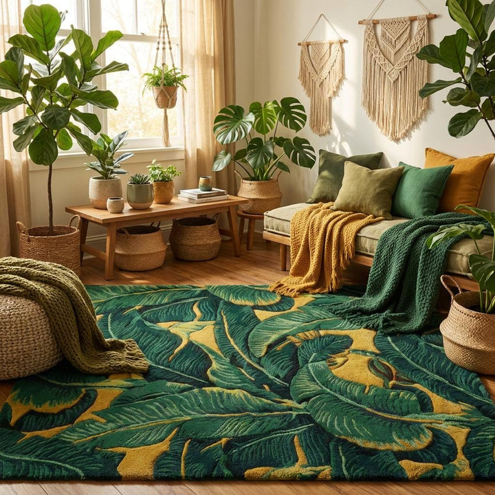 Translation missing: es.Botanical statement rug placed in a contemporary living room, featuring deep green leaves and warm mustard tones, creating a bold focal point under modern seating furniture