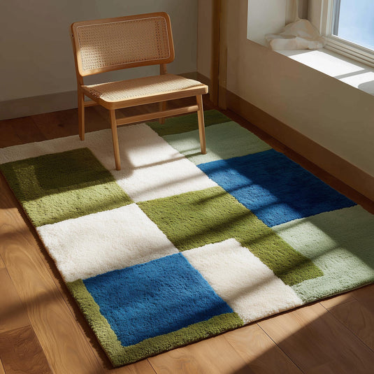 Translation missing: en.Modern geometric color block rug with green, blue, and cream tones, high pile soft tufted carpet for living rooms and bedrooms