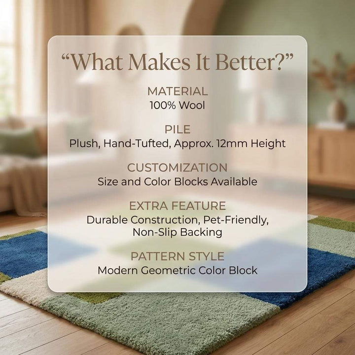 Translation missing: en.Geometric color block rug with green, blue, and cream high pile tufted carpet for modern home décor