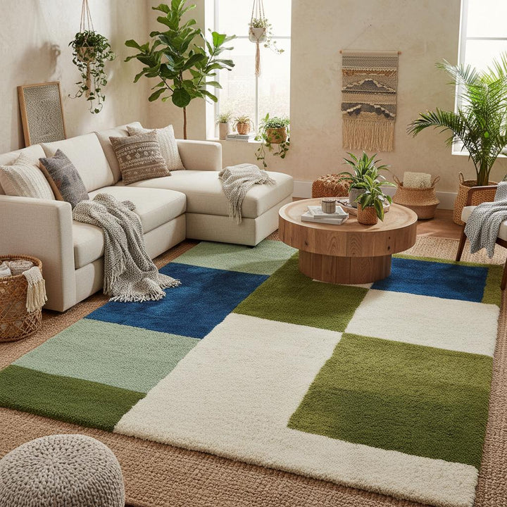 Translation missing: en.Geometric Color Block Rug with green and blue tones in a plush high pile design for modern home décor