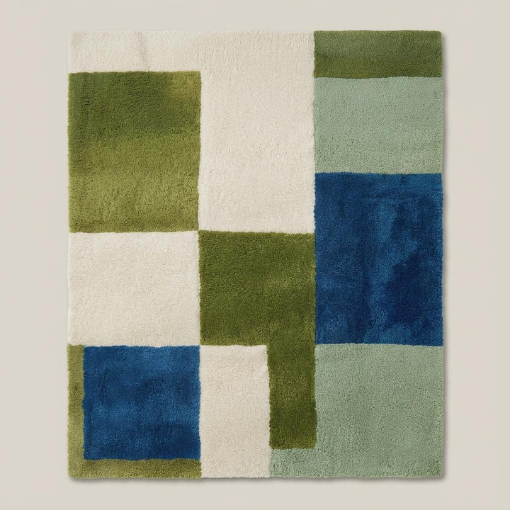 Translation missing: en.Geometric color block rug with green, blue, and cream tones, hand-tufted high pile carpet for modern home décor