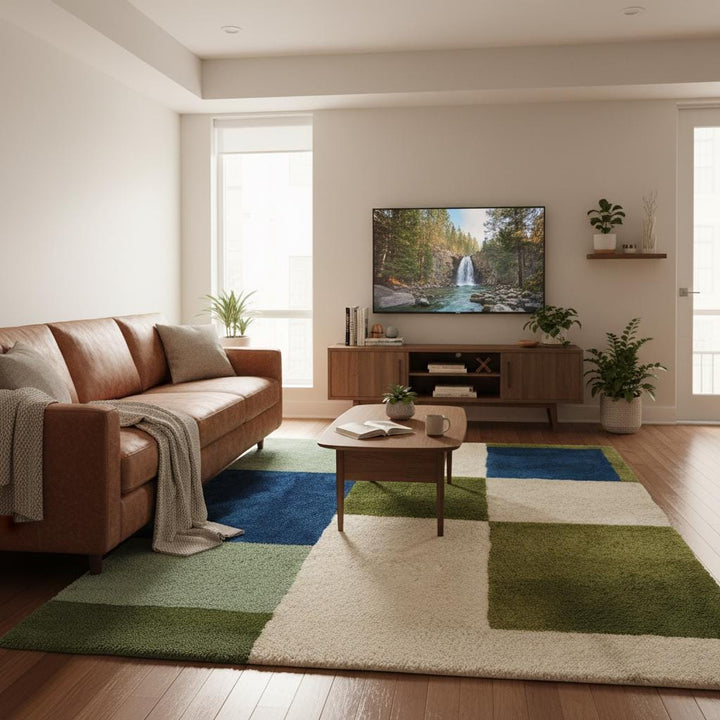 Translation missing: en.Geometric color block rug with green, blue, and cream high pile tufted carpet for modern home decor