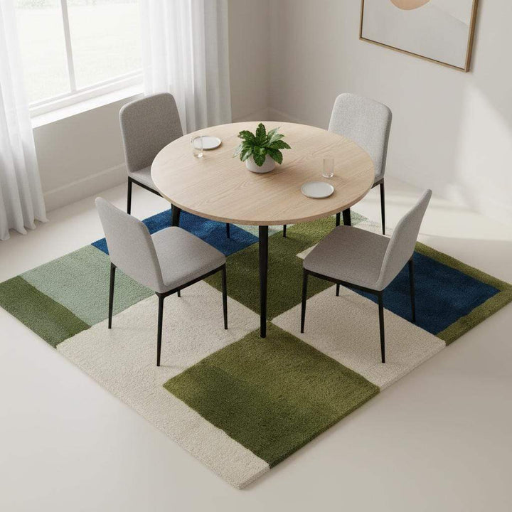 Translation missing: en.Modern geometric color block rug with high pile, green and blue tones, soft hand-tufted carpet for cozy living spaces