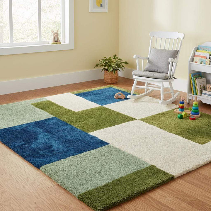 Translation missing: en.Geometric color block rug with green, blue, and cream tones, high pile, soft tufted modern area rug