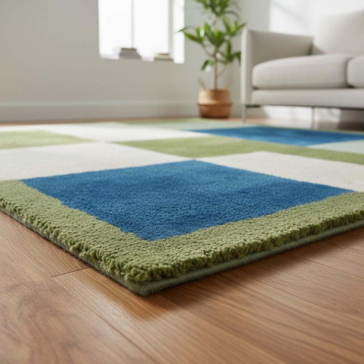 Translation missing: en.Modern geometric color block rug with green, blue, and cream high pile tufted carpet for stylish home décor