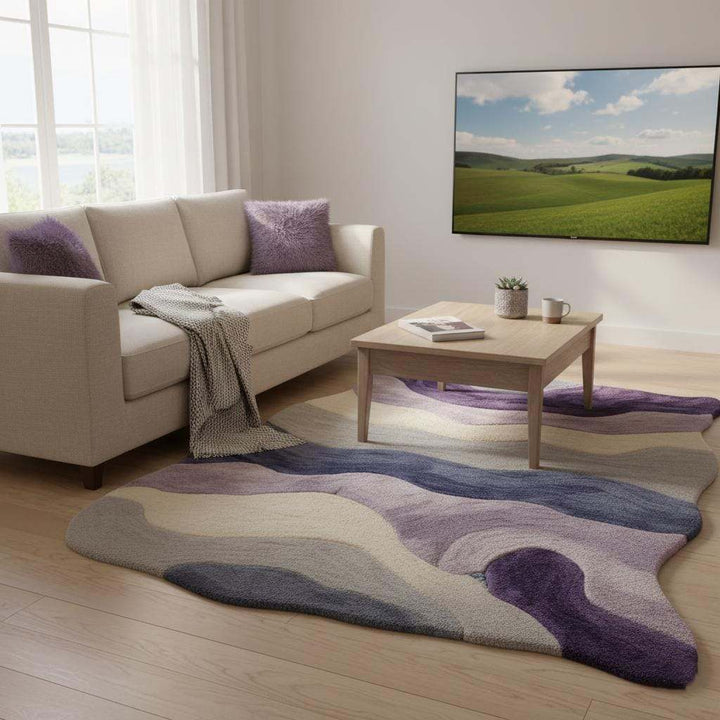 Translation missing: es.Lavender freeform rug with sculptural tufted texture and organic wavy shape in purple gradient for cozy living spaces