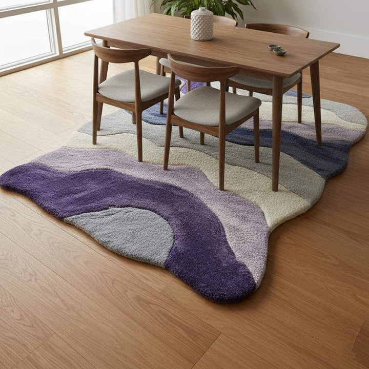 Translation missing: es.Lavender freeform rug with sculptural tufted 3D texture and organic wavy edges in purple gradient for boho and modern interiors