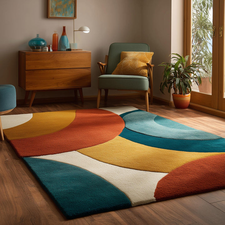 Translation missing: en.Handmade mid century modern rug with abstract geometric design in terracotta, mustard, teal, and green wool fibers