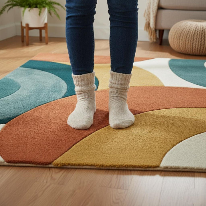 Translation missing: en.Handmade wool mid century modern rug with abstract geometric terracotta, mustard, teal, and green color blocks