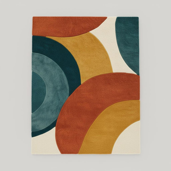 Translation missing: en.Handmade mid century modern rug with abstract geometric terracotta, mustard, teal, and green color blocks in a rectangular wool design