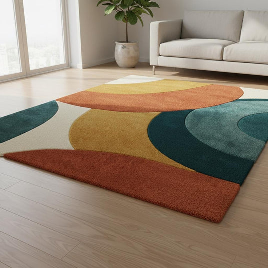 Translation missing: en.Handmade mid century modern rug with abstract geometric color block design in terracotta, mustard, teal, and green tones
