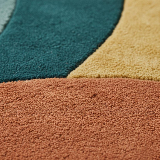 Translation missing: en.Mid century modern rug with abstract geometric design in terracotta, mustard, teal, green, and cream colors, handmade wool rectangular area rug