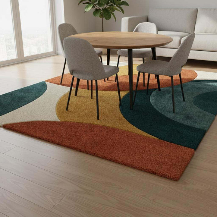 Translation missing: en.Handmade wool mid century modern rug with abstract geometric color block design in terracotta, mustard, teal, green, cream, and grey