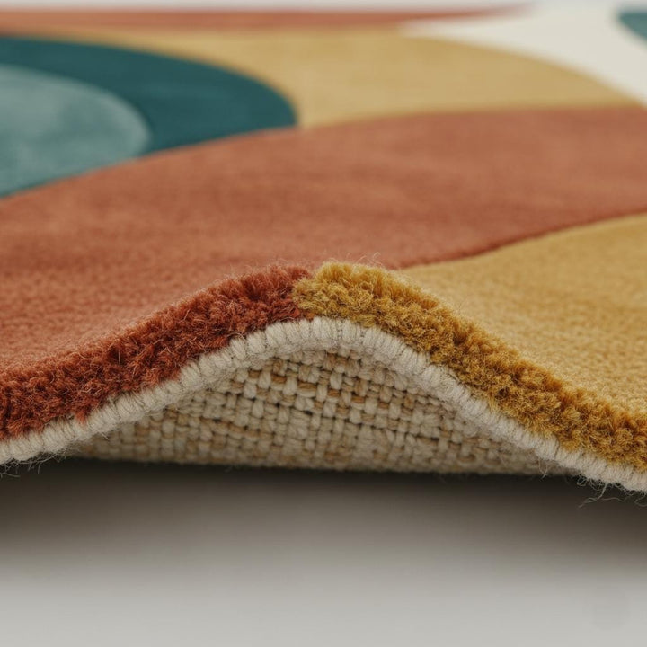 Translation missing: en.Mid century modern rug with abstract geometric color block design in terracotta, mustard, teal, and green wool