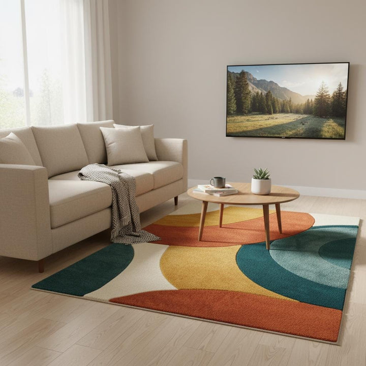 Translation missing: en.Handmade mid century modern rug with abstract geometric color block design in terracotta, mustard, teal, and green